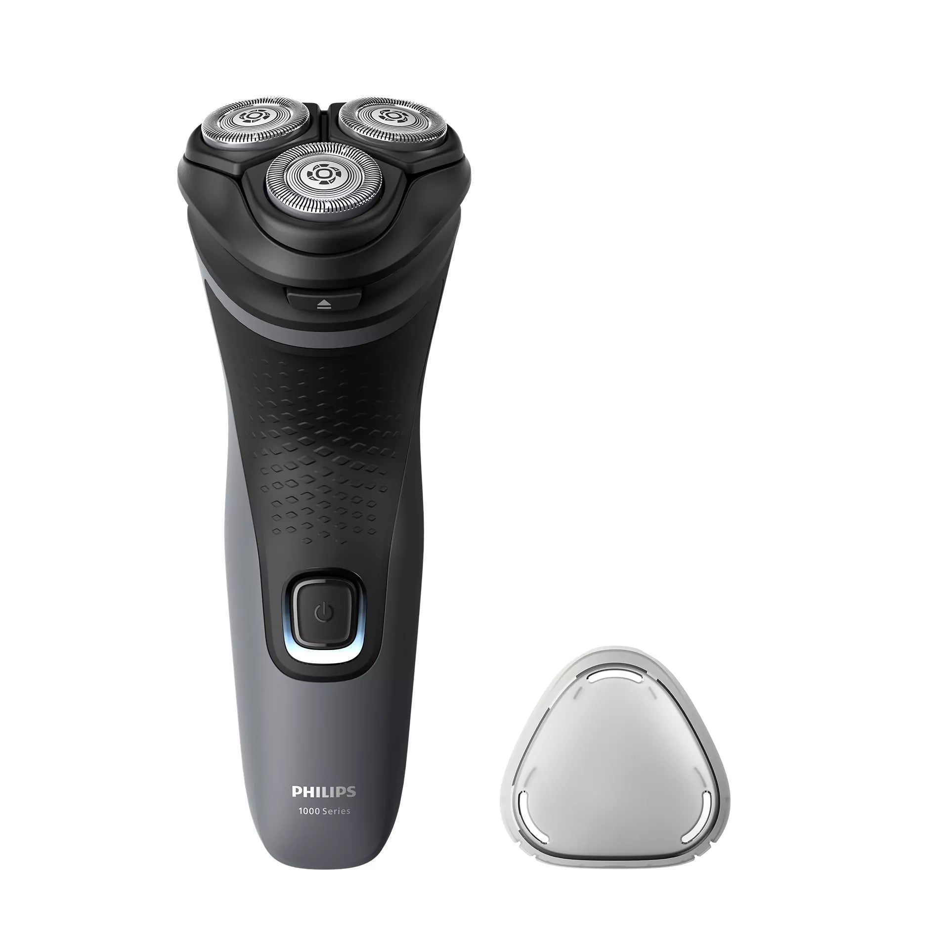 Billede af Philips S1142/00 elektrisk shaver fra 1000 serien med tre skærehoveder og en ergonomisk greb i sort og grå. Shaveren har en tænd/sluk knap og en rundet beskyttelseskappe ved siden af.