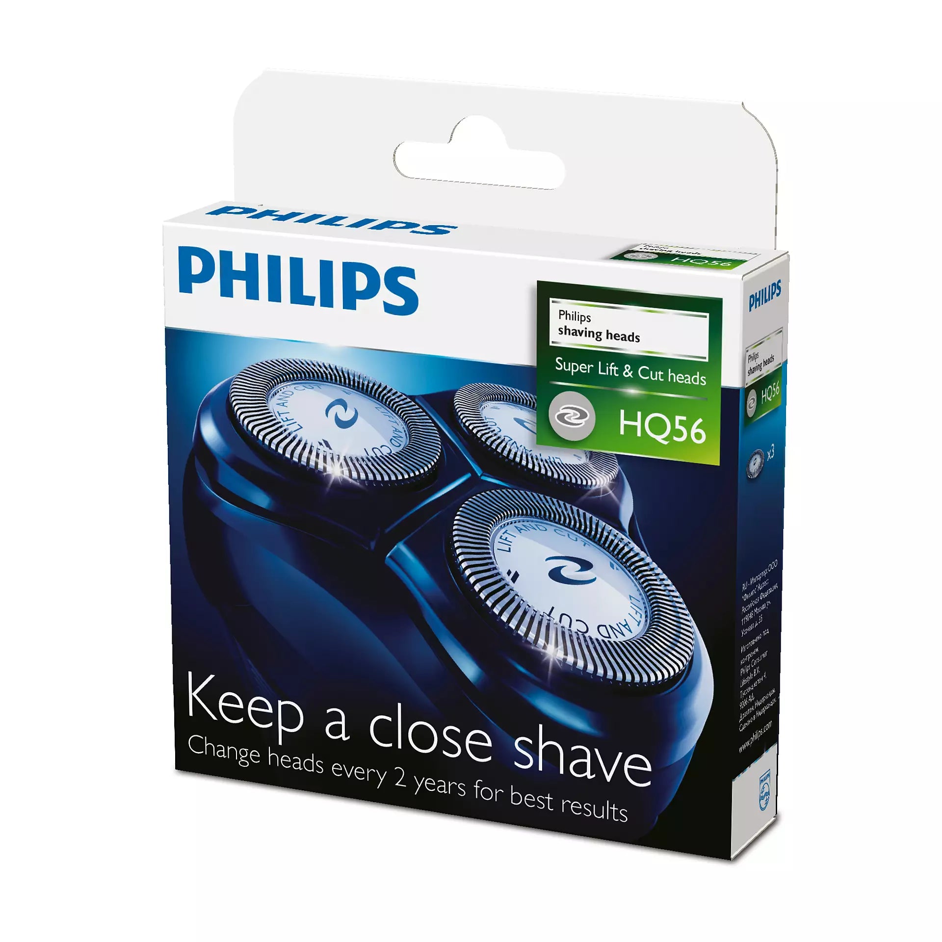 Philips HQ56/50 skær pakke med tre barberhoveder der viser teksten Super Lift og Cut hoved HQ56 samt anbefaling om at skifte hoveder hver to år for bedst resultat
