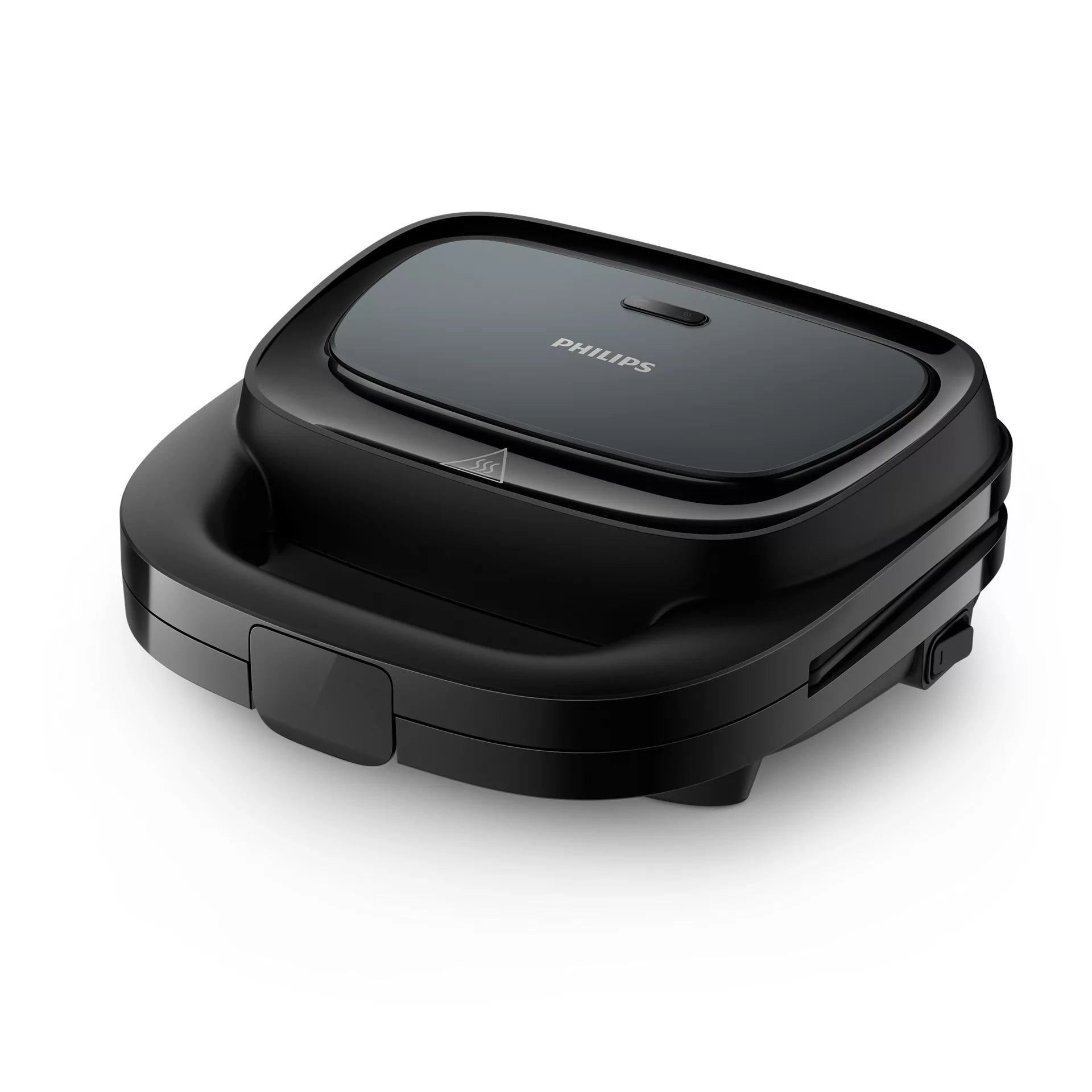Philips HD2330/90 sandwichmaskine i sort med et glat design og en klar overlaylåg der viser Philips logoet