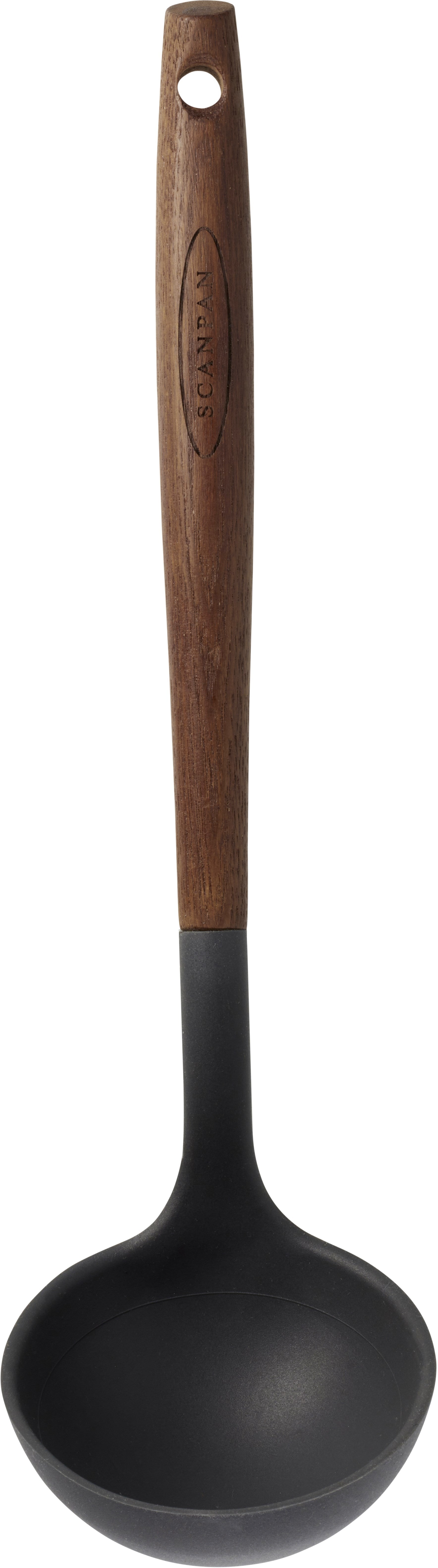 Scanpan 31 cm suppeske med en mørk træhåndtag og en sort, non-stick skeflade designet til at lette servering af supper og saucer