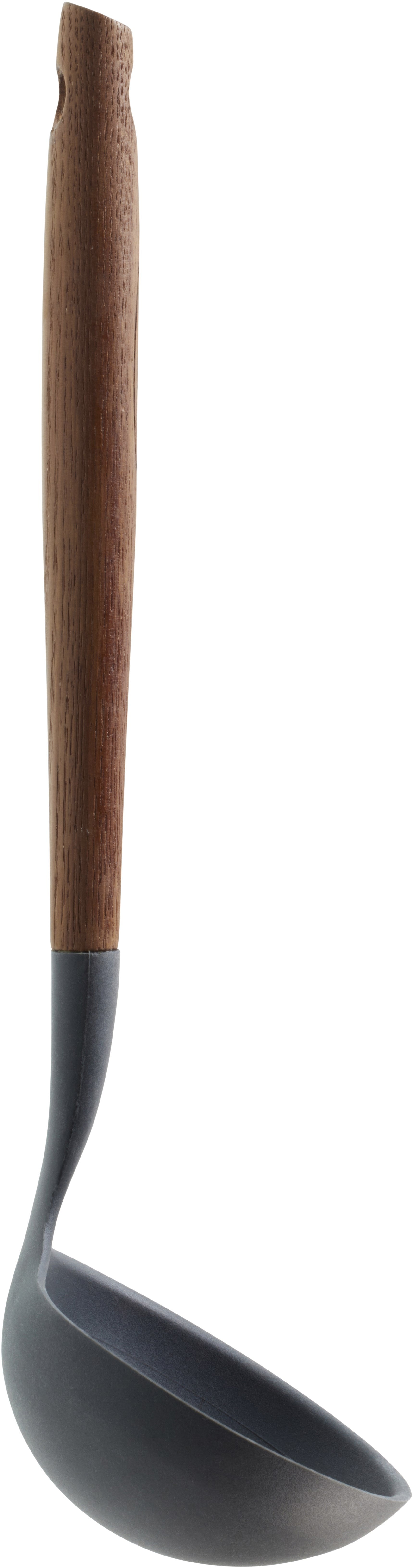 Scanpan 31 cm suppeske med en mørk træhåndtag og en bred, antracitgrå skeflade designet til nem servering af supper og saucer