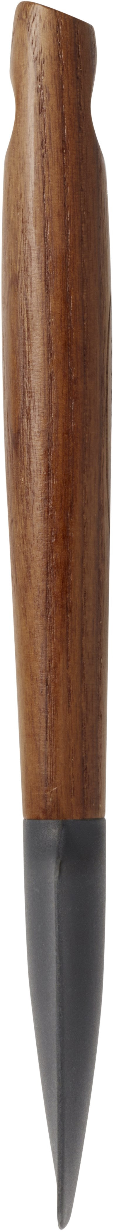 Produktbillede af Scanpan 21 cm krukkeskraber med et håndtag i karboniseret ask og en sort skrabehoved i metal. Håndtaget har en glat overflade med fine træmønstre og en ergonomisk form, der sikrer et godt greb. Skrabehovedet er spidst for nem adgang til indersiden af krukker.