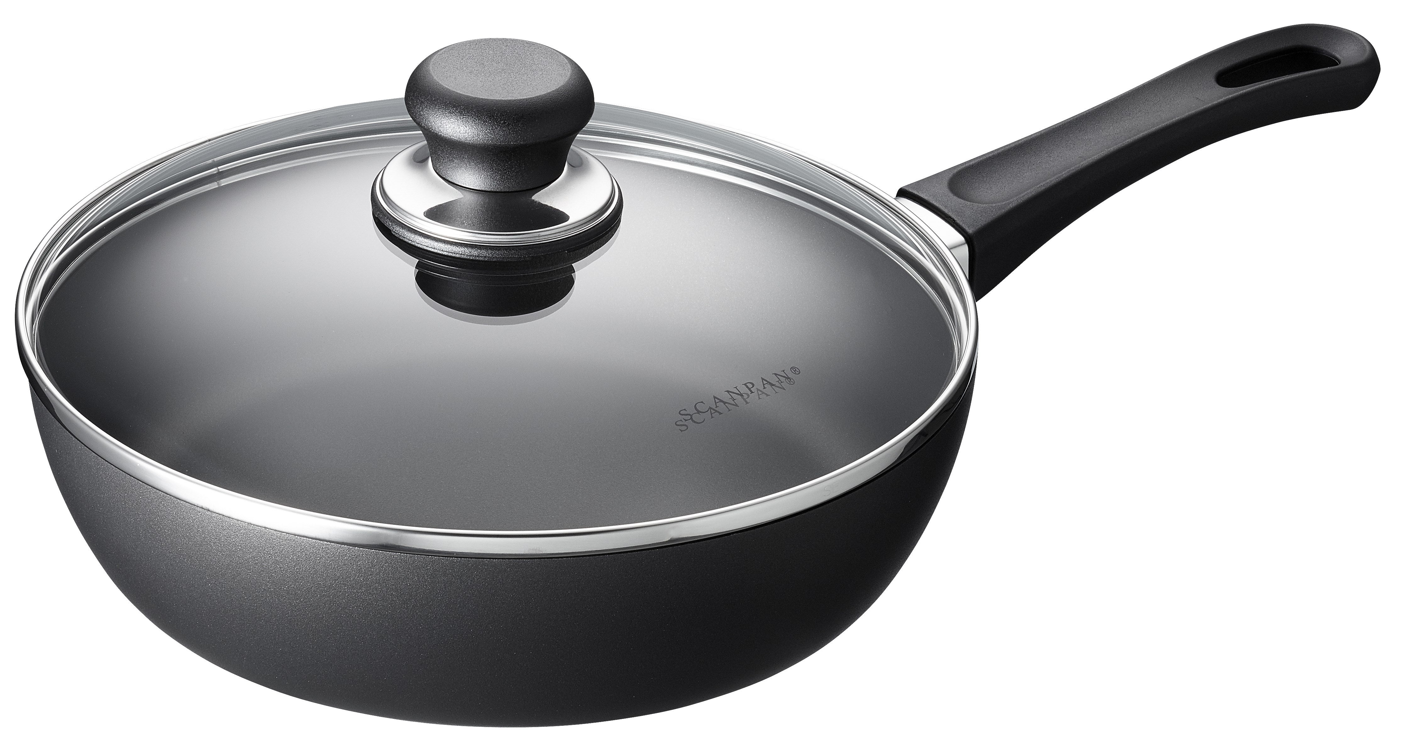 Scanpan 24 cm sauterpande med låg i sort stål med glasklar låg og ergonomisk håndtag designet til induktionskogeplader