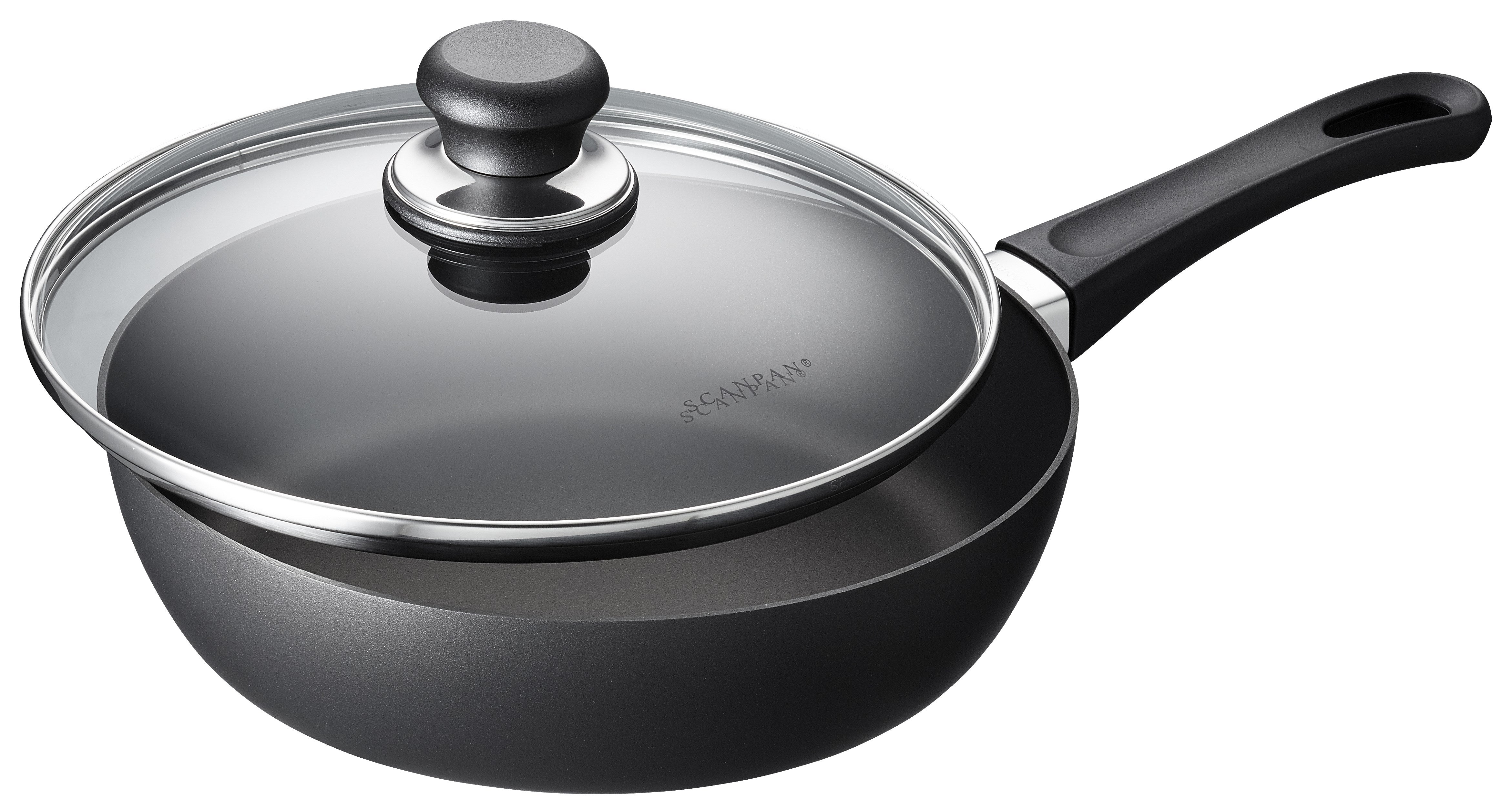 Scanpan 24 cm sauterpande med låg i klassisk design til induktion med sort håndtag og klart glaslåg.