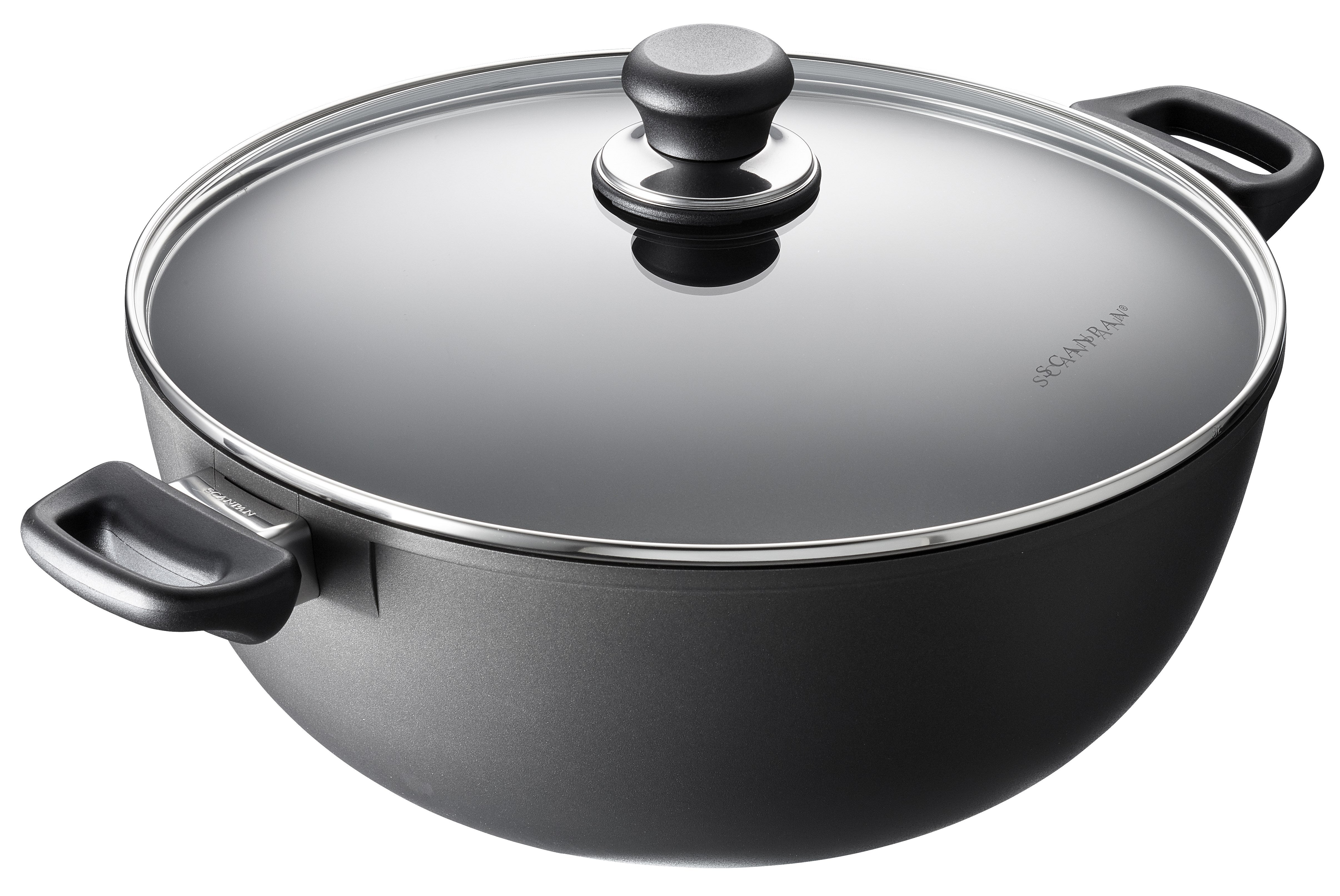 Scanpan 7,5 liter suppe- og stegegryde med låg i klassisk design og induktionsvenligt materiale med sorte håndtag og glaslåg