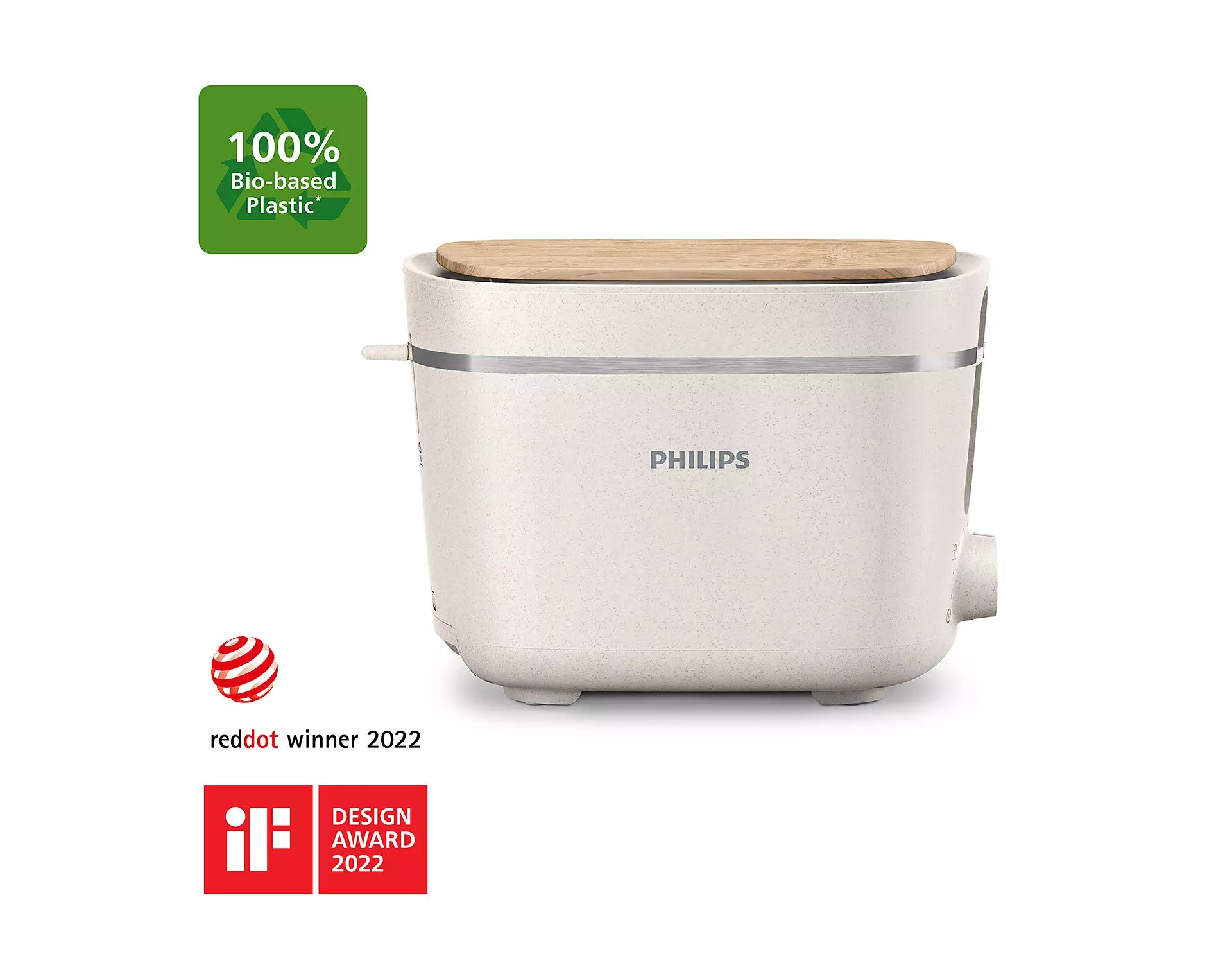 Philips HD2640/10 Eco Conscious Edition brødrister i 5000-serien med en let beige farve og et bæredygtigt plastdesign træk i toppen af en trælignende overflade med logoet Philips synligt på forsiden samt ikoner for 100 procent bio-baseret plastik og priser for designanerkendelse
