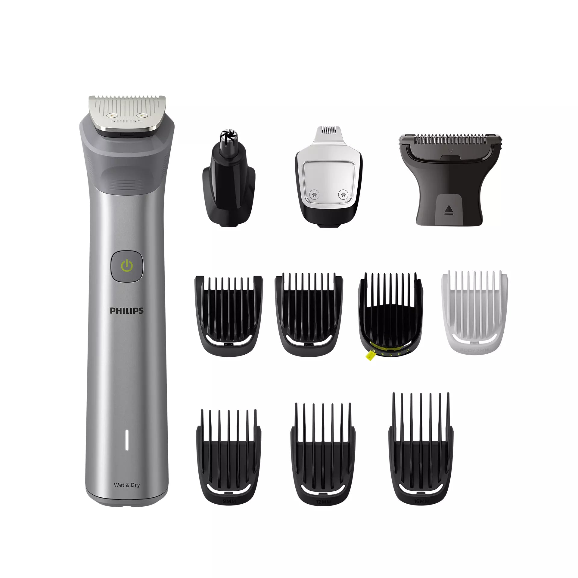 Billede af Philips MG5940/15 All-in-One Trimmer Series 5000 som viser trimmeren i sølvfarve med forskellige tilbehør som skær, næsehårstrimmer og flere kamme til justering af længde.