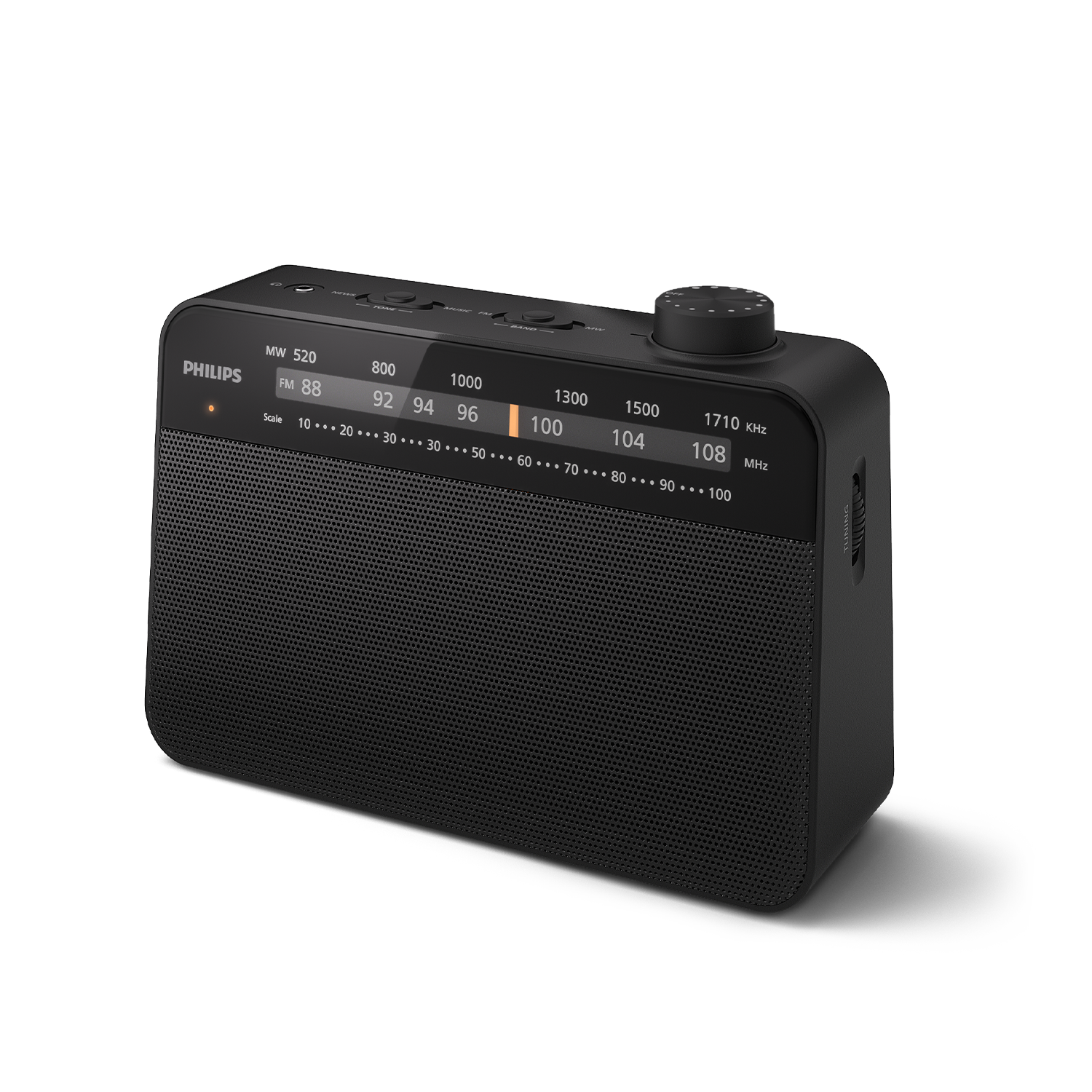 FM radio fra Philips model TAR2509/10 i sort med betjeningsknapper og en skala der viser forskellige radiostationer og frekvenser