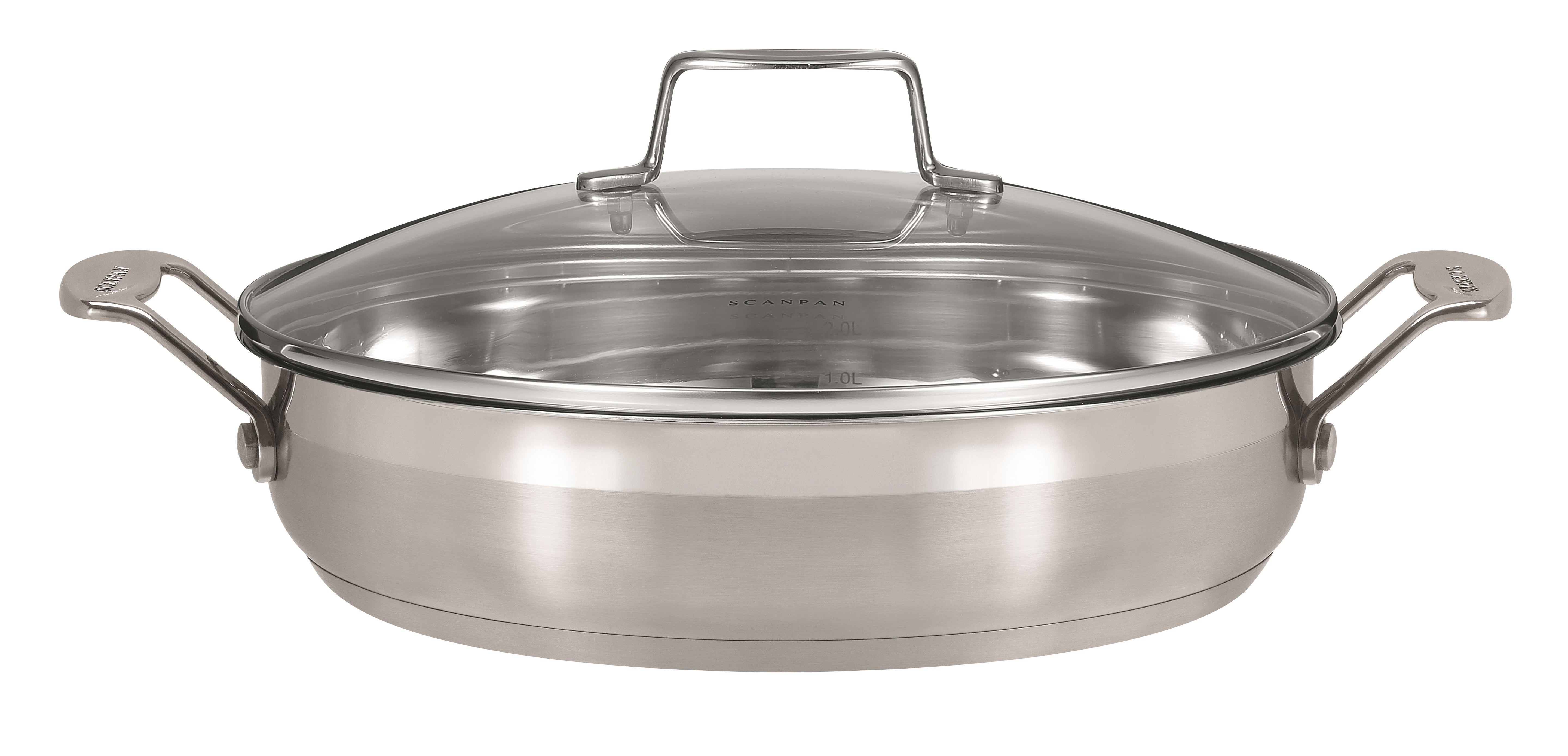 Scanpan 32 cm chefpande i rustfrit stål med glaslåg og håndtag i rustfrit stål designet til madlavning og servering