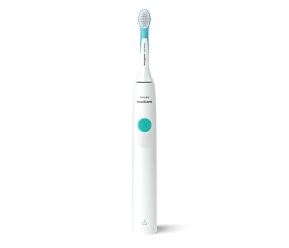 Eltandbørste Philips HX3601/01 Sonicare for børn i hvid og turkis med en stor grøn knap og blød børstehætte designet til børn