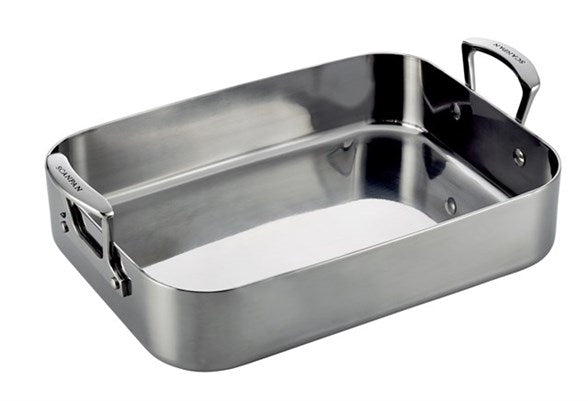 Scanpan Bradepande Fusion 5 i rustfrit stål måler 35 x 24 cm med et moderne design og ergonomiske håndtag for nem håndtering