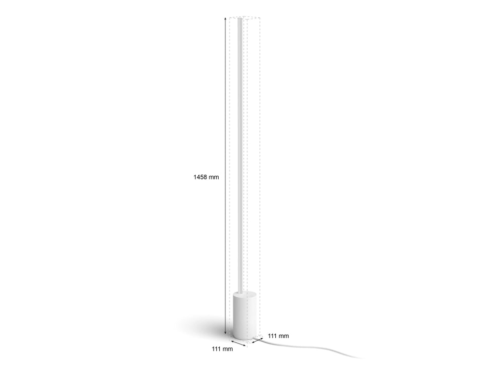 Philips HUE Signe gradient gulvlampe i hvid farve med slank cylindrisk design og mål angivet som 1458 mm i højden og 111 mm i bredden og dybden inkluderer en rund base der fungerer som stødvendighed for lampearmen