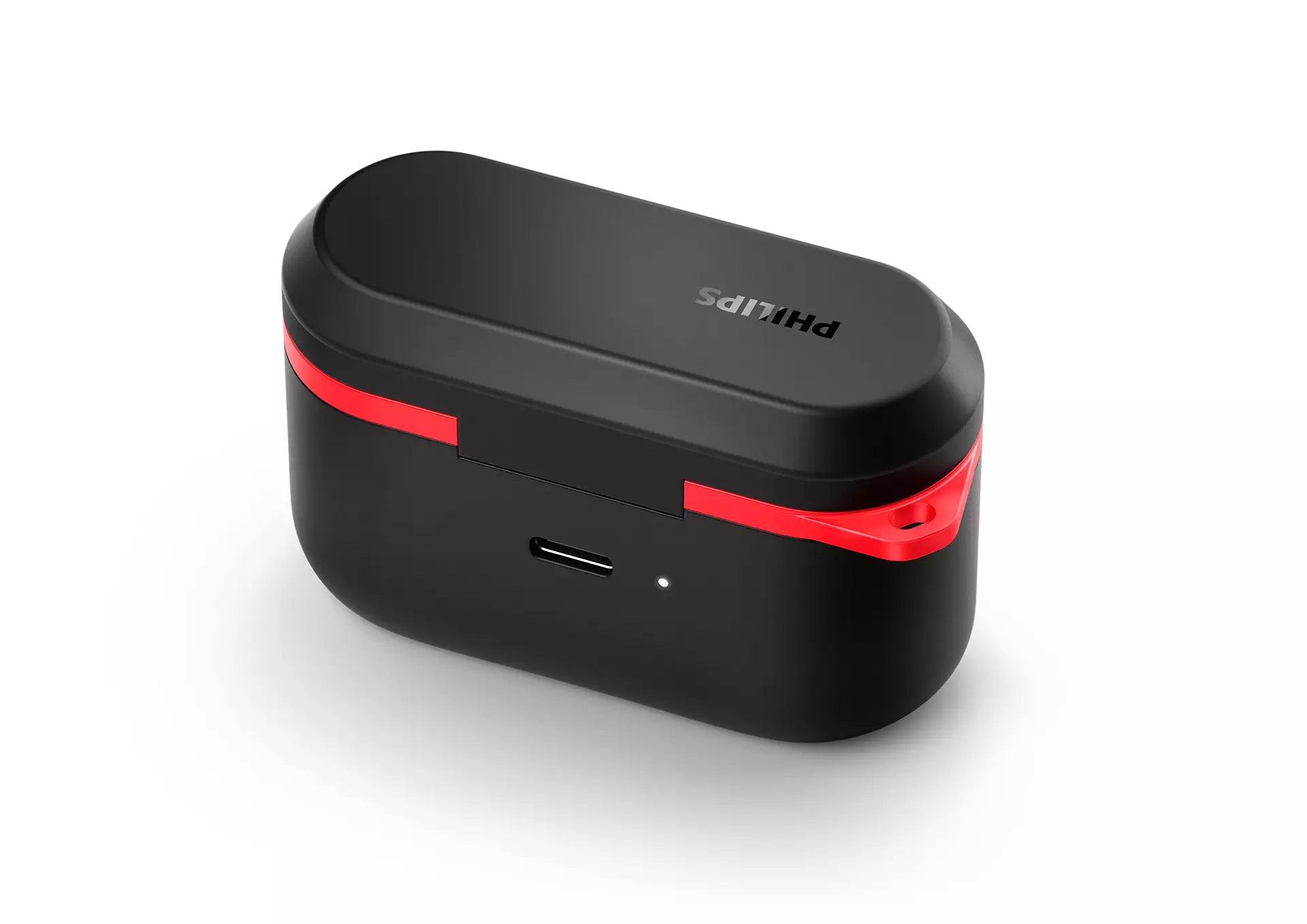 Philips TAA7507BK/00 ladeetui til ægte trådløse sportshovedtelefoner med en sort og rød farvekombination samt en USB-C port til opladning