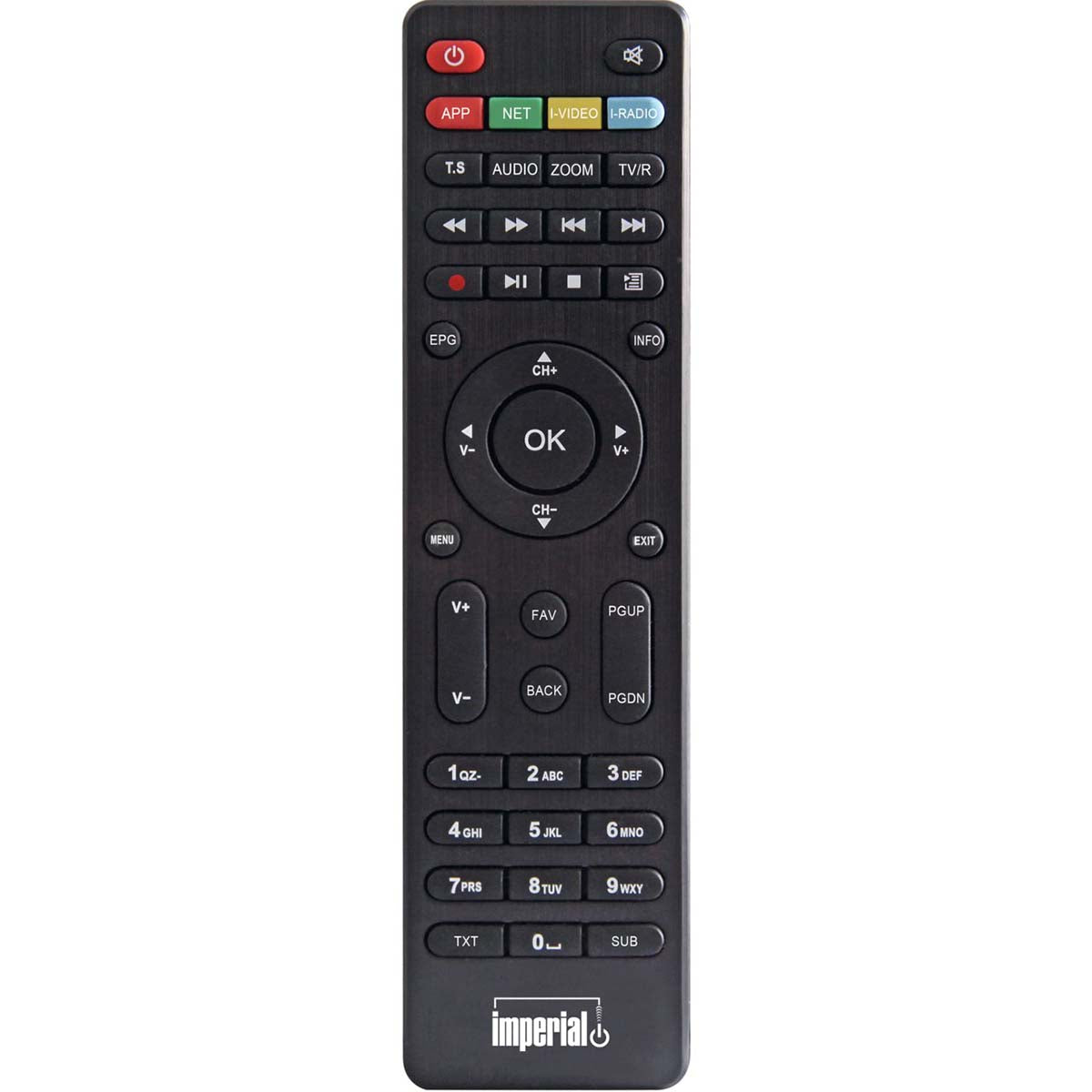 Fjernbetjening til Imperial HD6i med knapper til forskellige funktioner såsom volumen, kanal, menu og medieafspilning, designet til at betjene HD6i, HD6i Twin og HD6i kompakt modellerne