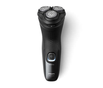 Elektrisk shaver Philips X3051/00 med tre skærer til våd og tør barbering i sort design med en knap til tænd/sluk.