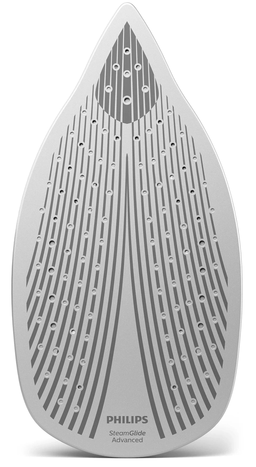 Billede af strygejernets strygesål fra Philips GC4567/80 Azur Dampstrygejern som viser en sølvfarvet overflade med riller og huller for dampdistribution samt mærket Philips og SteamGlide Advanced øverst.