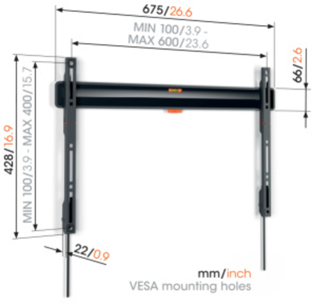Stationært vægbeslag til tv fra Vogel's model TVM 3601 med mål angivet for installation VESA monteringshuller og maksimale dimensioner.