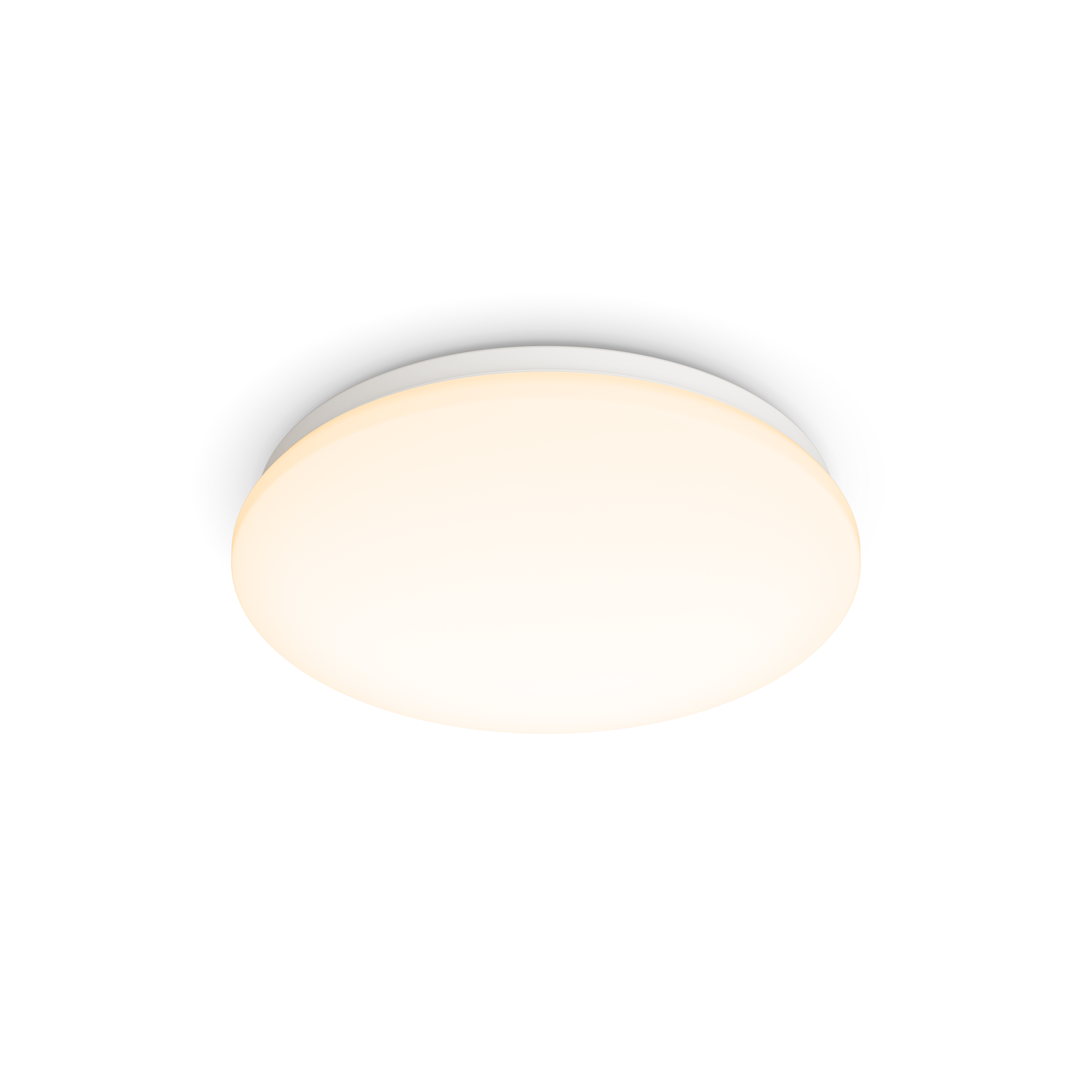 Rund, moderne loftlampe i hvid med blødt, varmt lys. Designet til energieffektiv belysning i hjemmet.