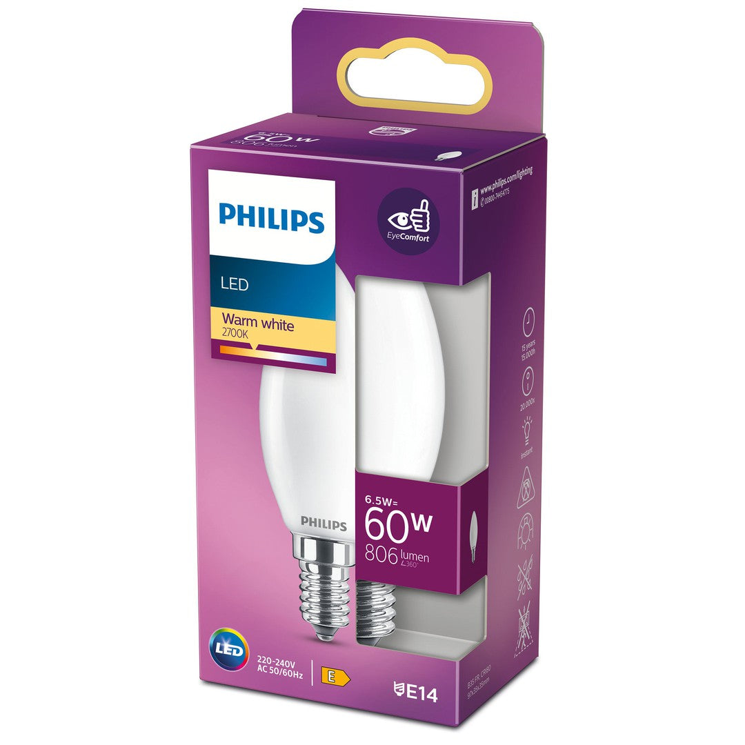 PHILIPS LED Classic kerte, 60W, E14, varm hvid, mat ikke dæmpbar, 1 pak