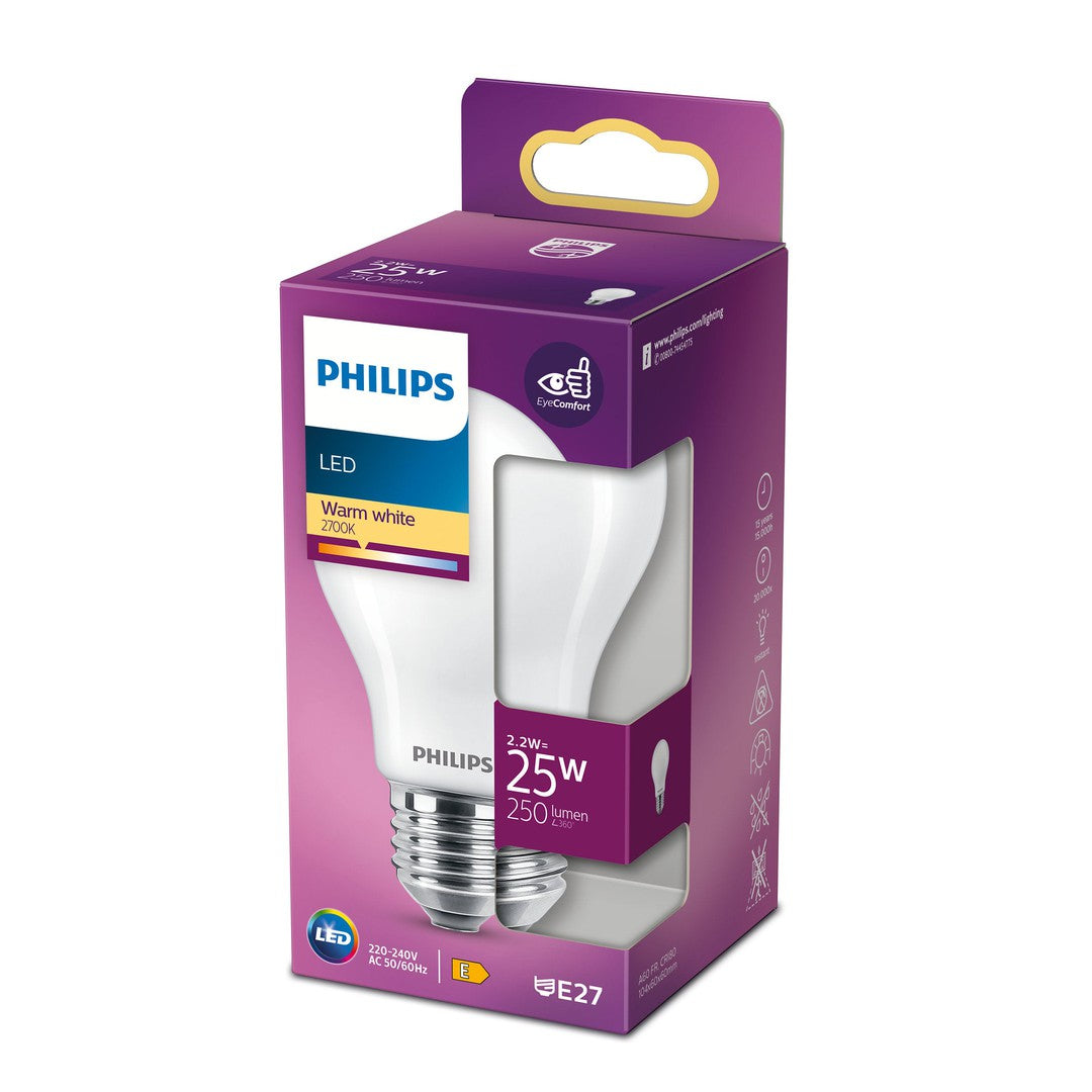PHILIPS LED pære i standard form 25W med E27 sokkel varm hvid lysfarve pakket i en lilla emballage med oplysninger om energieffektivitet og lysstyrke