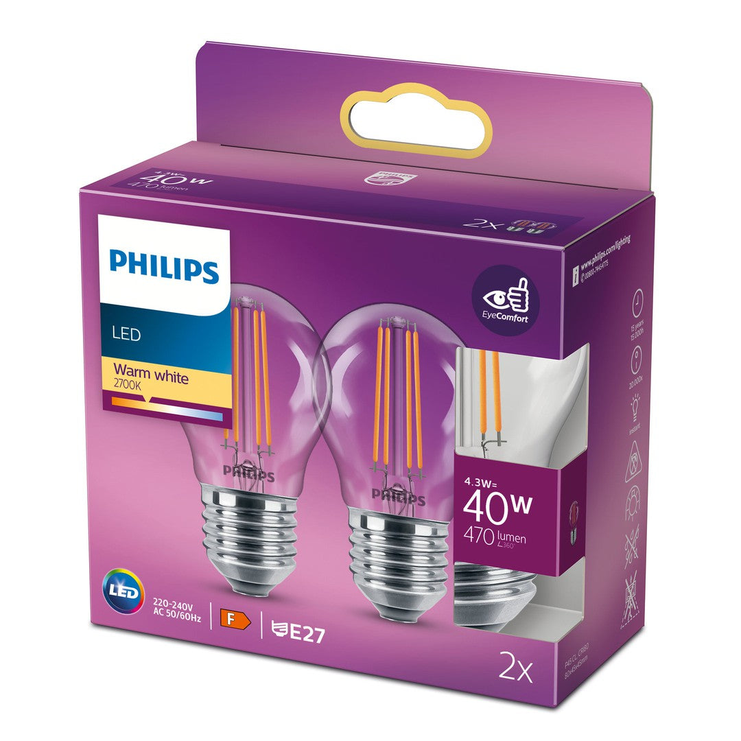 PHILIPS LED Classic Krone Filament pære 40W E27 varm hvid klar ikke dæmpbar 2-pak med to pærer på emballagen, der viser produktinformation og energimærke