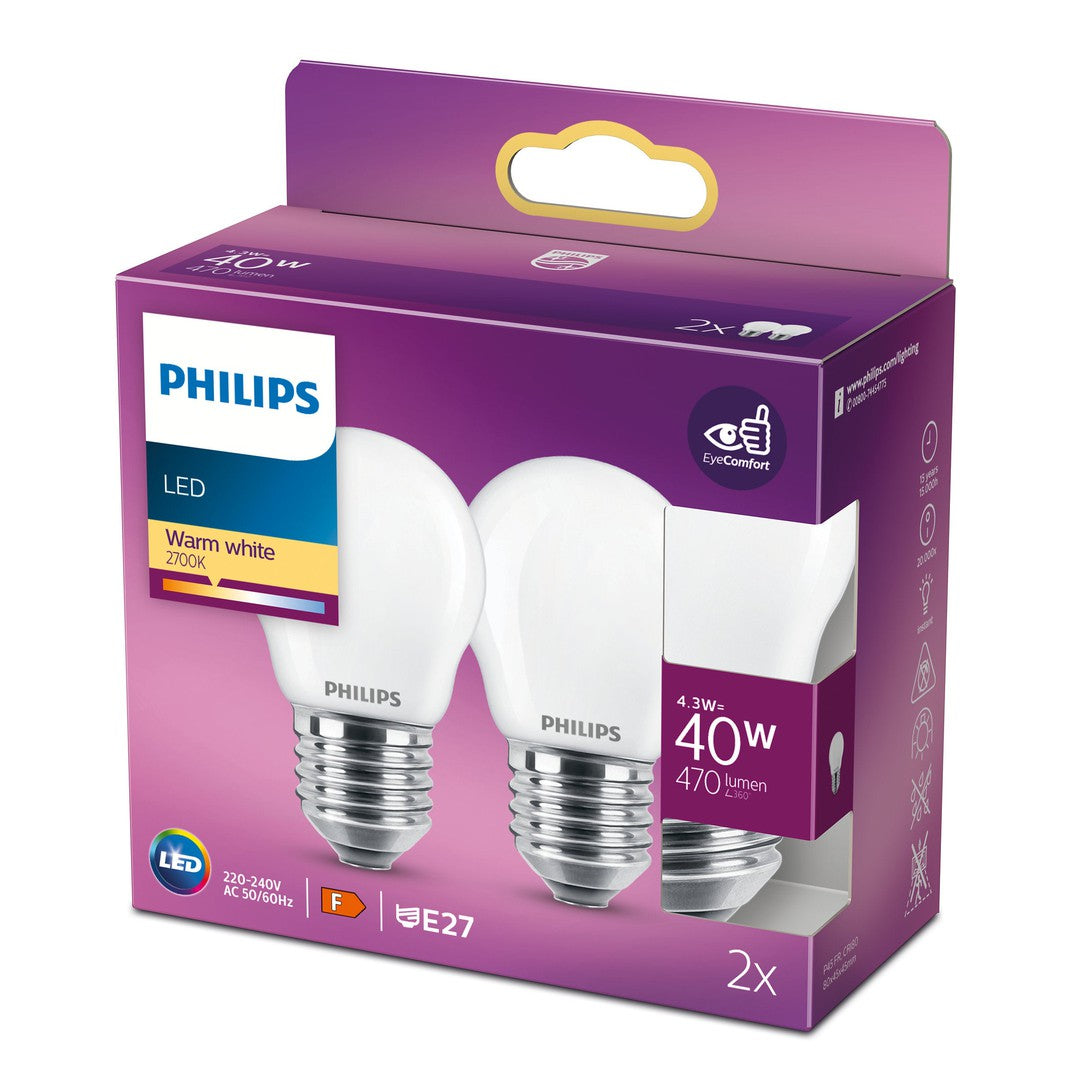 PHILIPS LED Classic Krone pære 40W E27 varm hvid mat ikke dæmpbar pakket i en 2-pak boks med informationer om energiklasse F og 470 lumen lysstyrke
