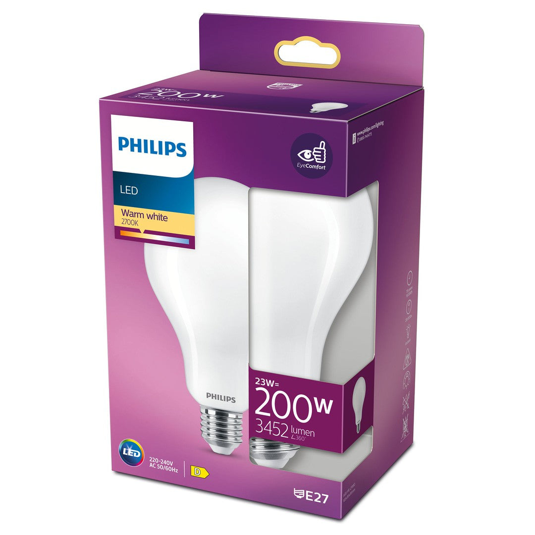 PHILIPS LED pære i klassisk standardform med en effekt på 200W og E27 fatning varm hvid lysfarve mat overflade ikke dæmpbar pakket i en enkelt enhed