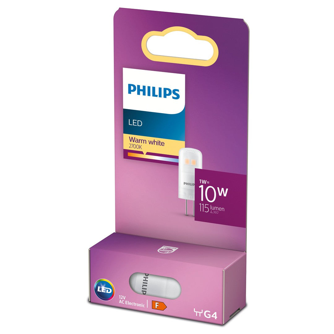 PHILIPS LED stift 10W G4 varm hvid ikke dæmpbar pakke med detaljer om lysstyrke og farvetemperatur på en lilla baggrund