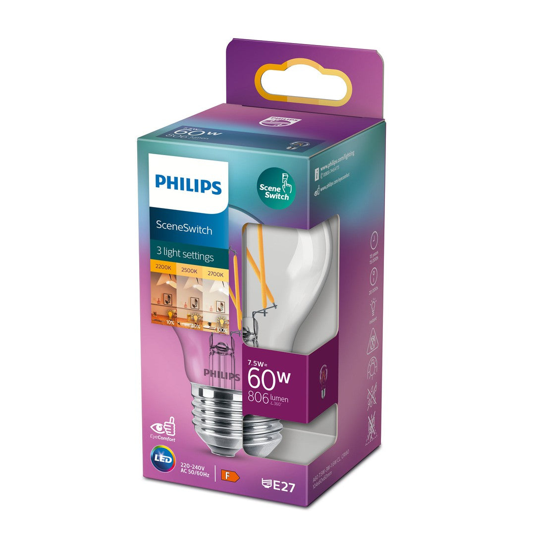 PHILIPS LED 60W SceneSwitch emballage med klar pære og tre lysindstillinger 2200K, 2500K og 2700K E27 sokkel for forskellige belysningsscenarier