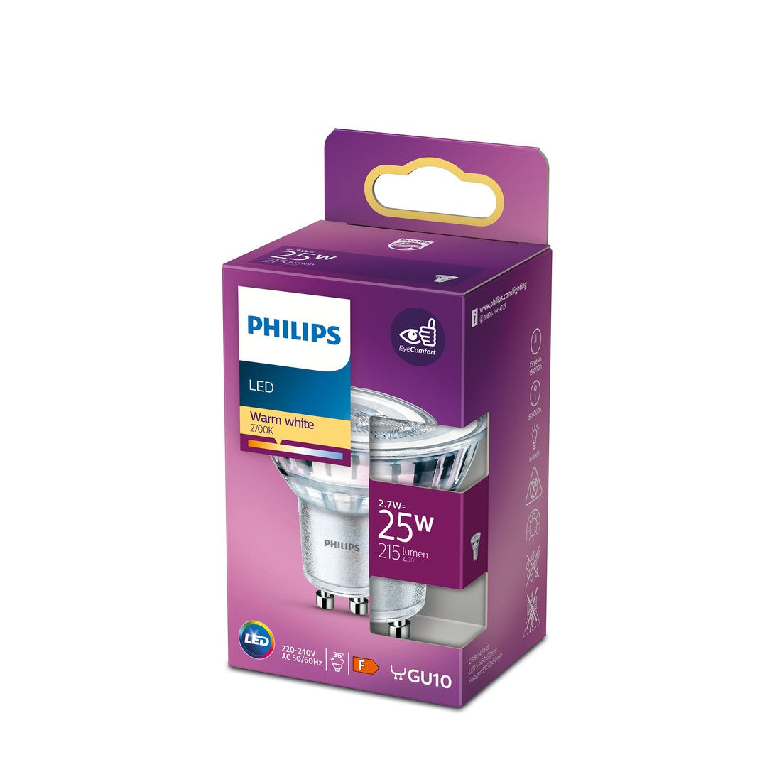 Produktbillede af PHILIPS LED Classic 25W spot glas GU10 varm hvid ikke dæmpbar i en enkelt pakke med specifikationer som 2700K farvetemperatur og 215 lumen lysstyrke.øst.