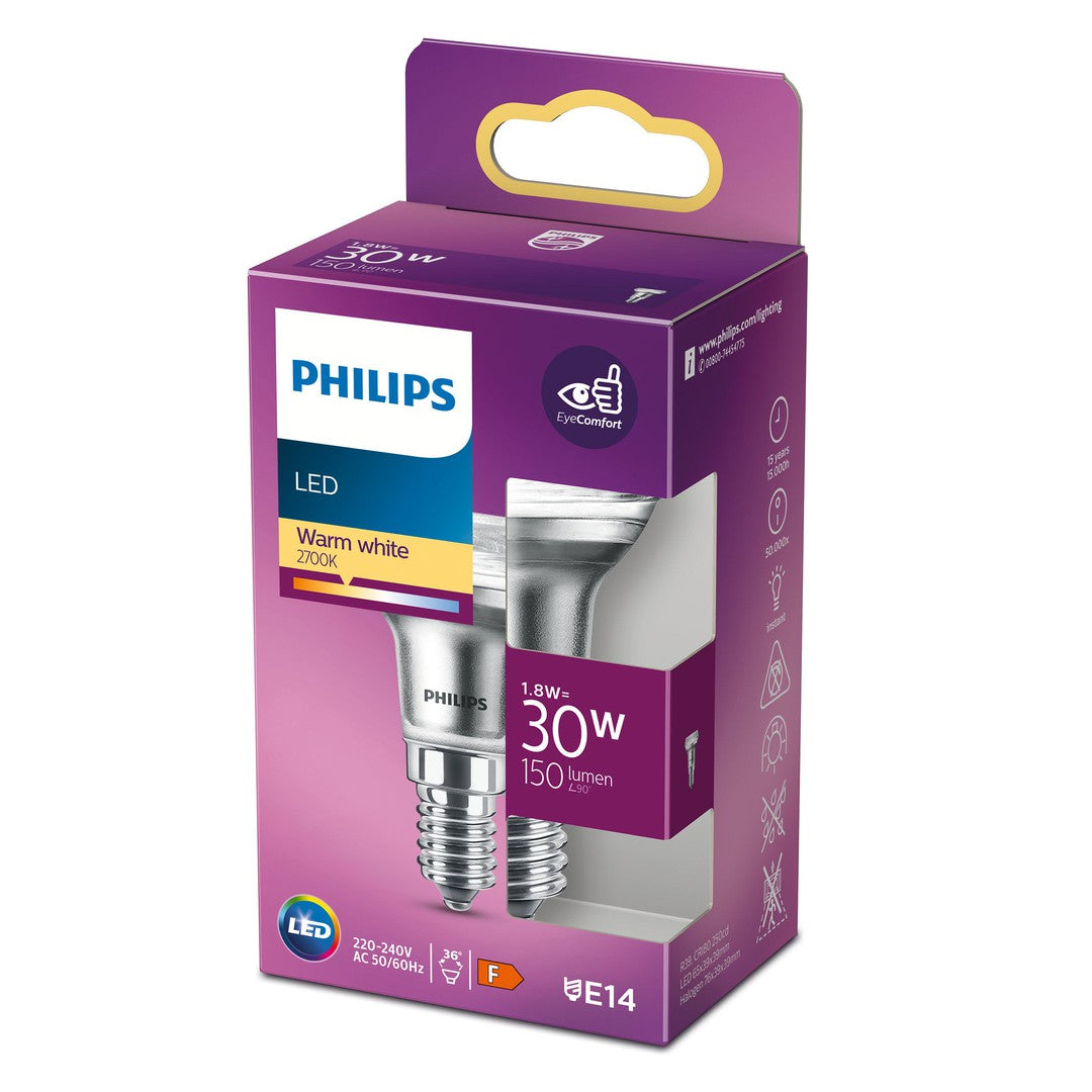 Produktpakke med PHILIPS LED pære 30W R39 E14 varm hvid ikke dæmpbar med energimærke F og 150 lumen lysstyrke. Pakken er farvet i lilla og har et vindue, der viser pæren indeni.