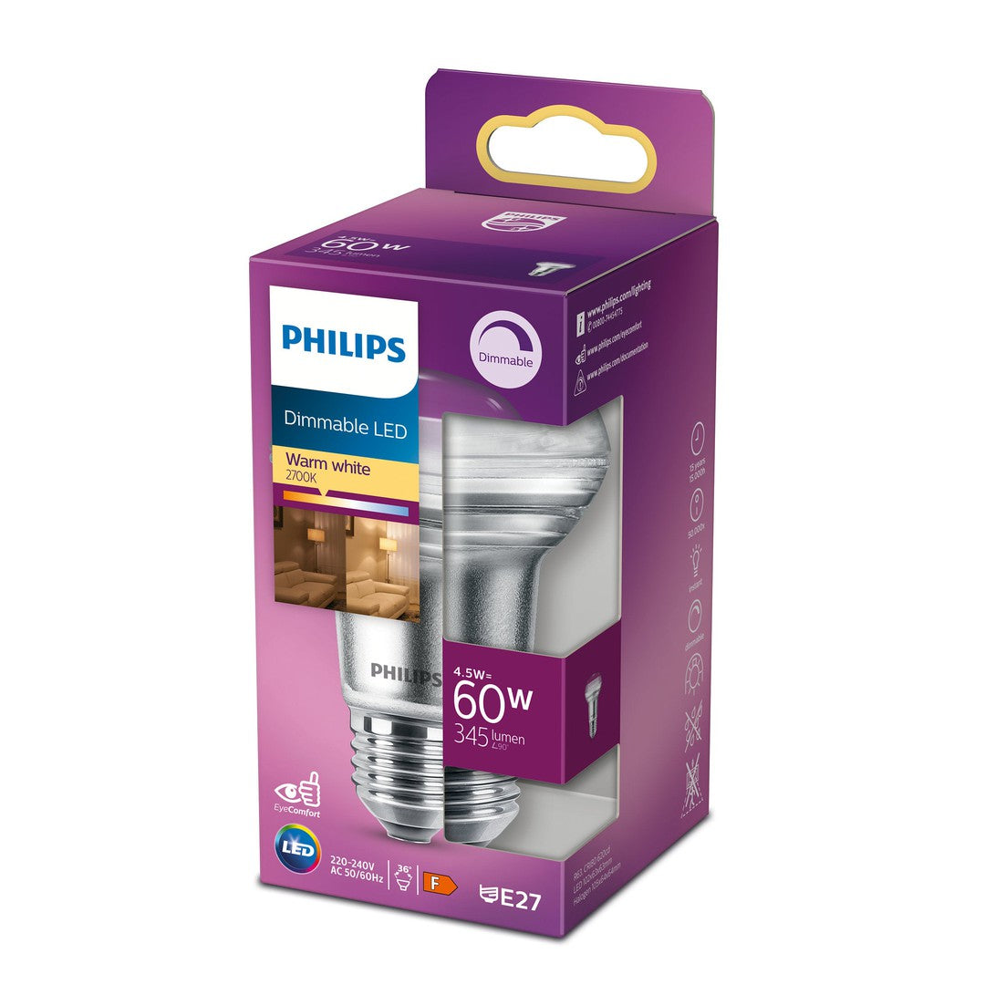Produktbillede af PHILIPS LED Classic 60W R63 E27 varm hvid dæmpbar pære i emballage med tydelig mærkning af dimbar funktion og energimærke