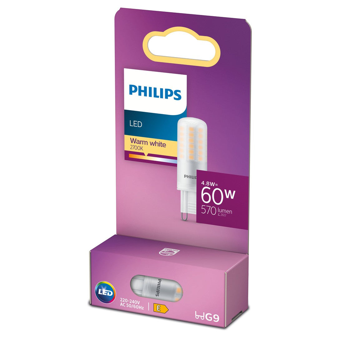 PHILIPS LED stift 60W pakket med varm klar hvid belysning indeholdende en stiftpære med G9 sokkel, 4.8W effekt og 570 lumen lysstyrke, designet til standard 220-240V AC strømforsyning