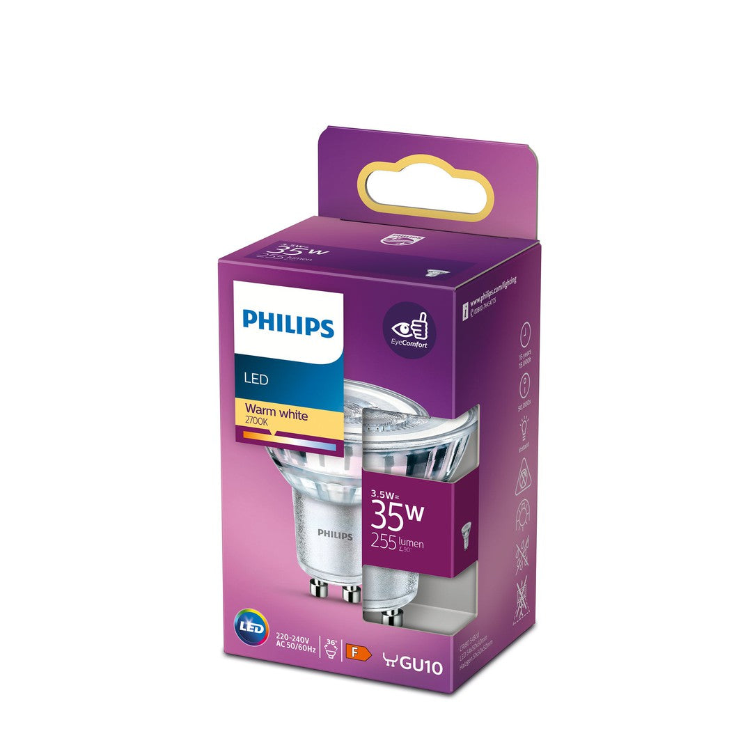 PHILIPS LED Classic 35W spotlampe i glas GU10 varm hvid ikke dæmpbar i emballage med specifikationer som lumen og energiklassifikation