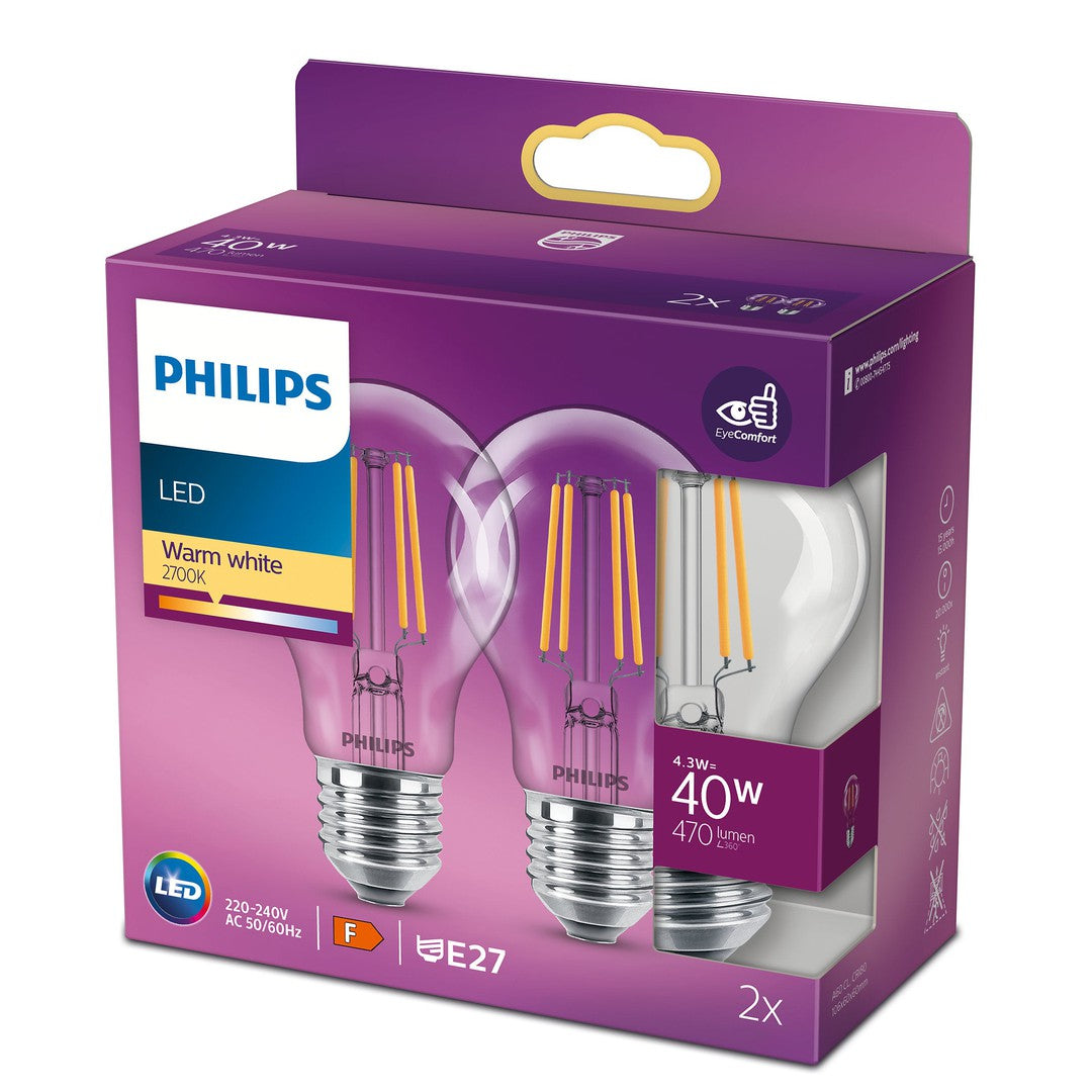 PHILIPS LED Classic Filament, 40W, E27, varm hvid, klar ikke dæmpbar, 2-pak BOX