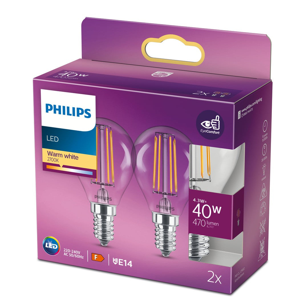 PHILIPS LED Classic Krone Filament, 40W, E14, varm hvid, klar ikke dæmpbar, 2-pak BOX