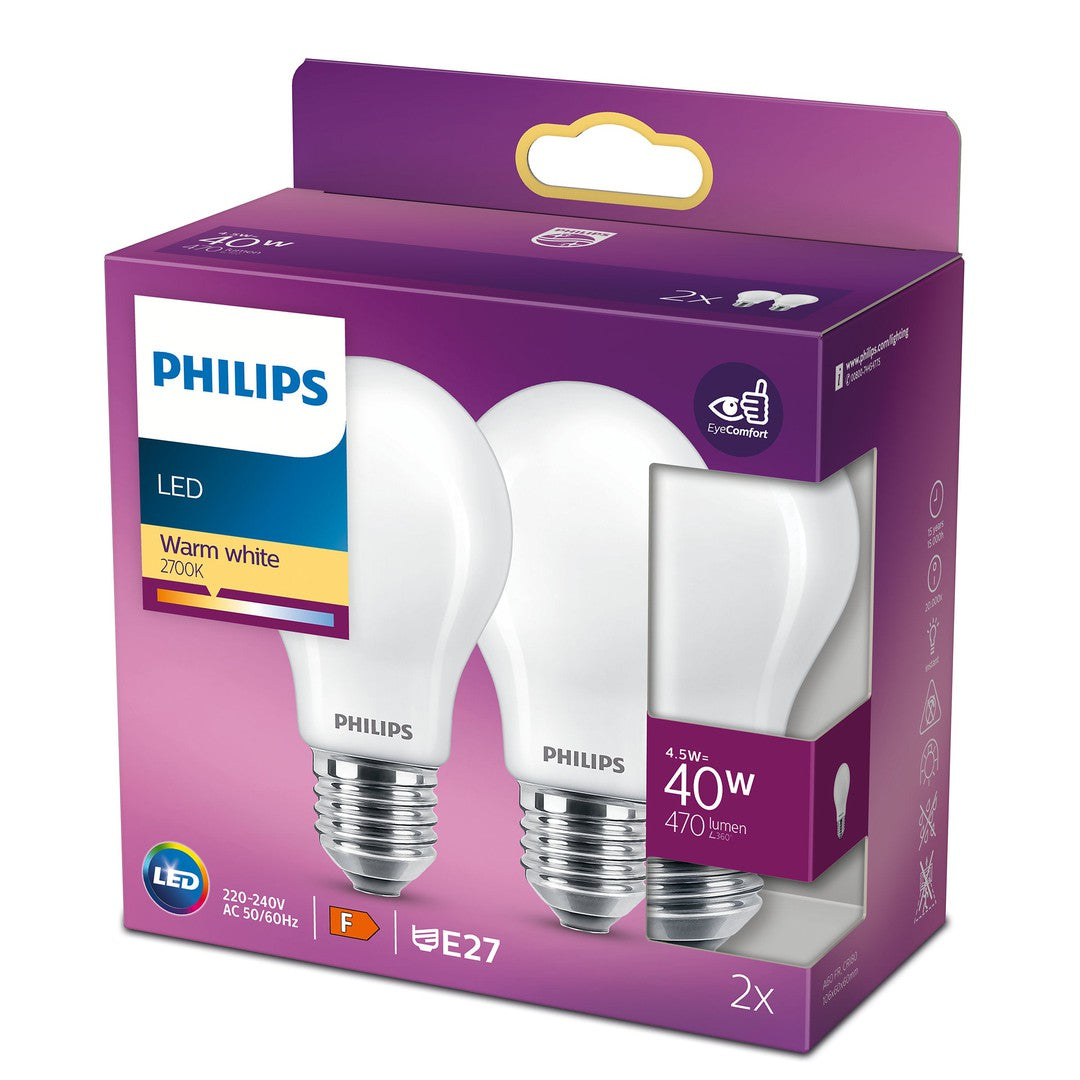PHILIPS LED klassisk pære, 40W, E27, varm hvid, mat, ikke dæmpbar, 2-pak med emballage i lilla farve og informationer om produktet på forsiden