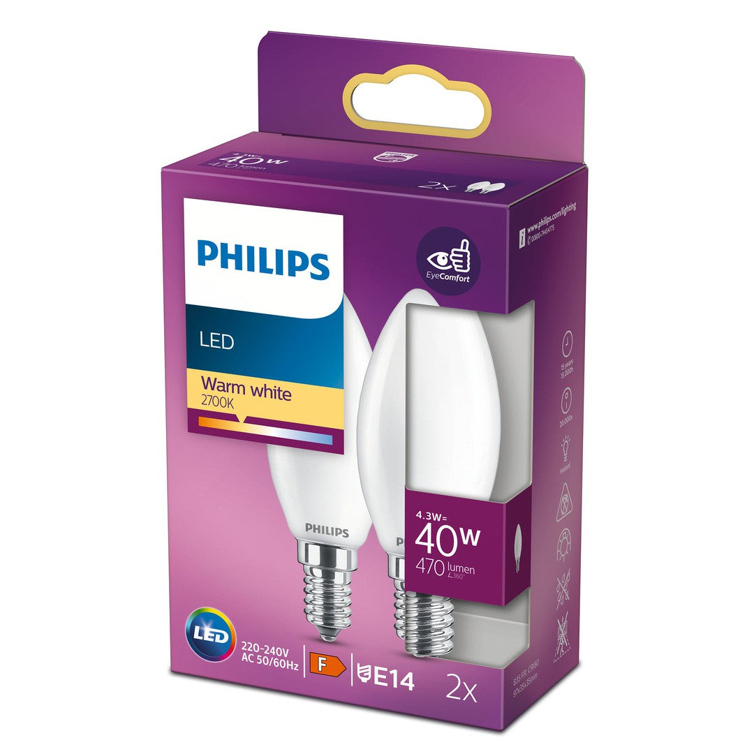 PHILIPS LED Classic Kerte, 40W, E14, varm hvid, mat ikke dæmpbar, 2-pak BOX