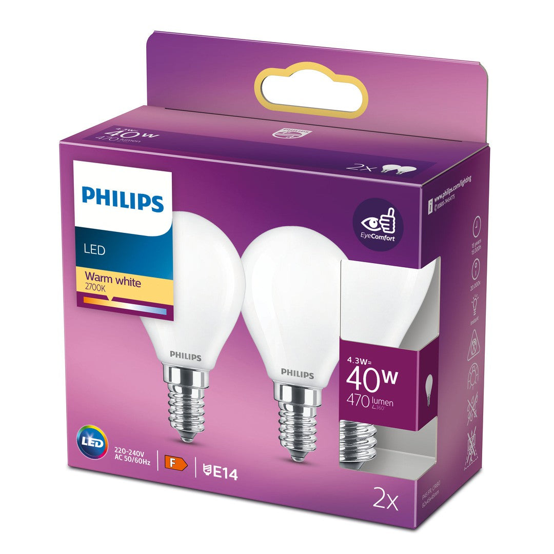 PHILIPS LED Classic Krone, 40W, E14, varm hvid, mat ikke dæmpbar, 2-pak BOX