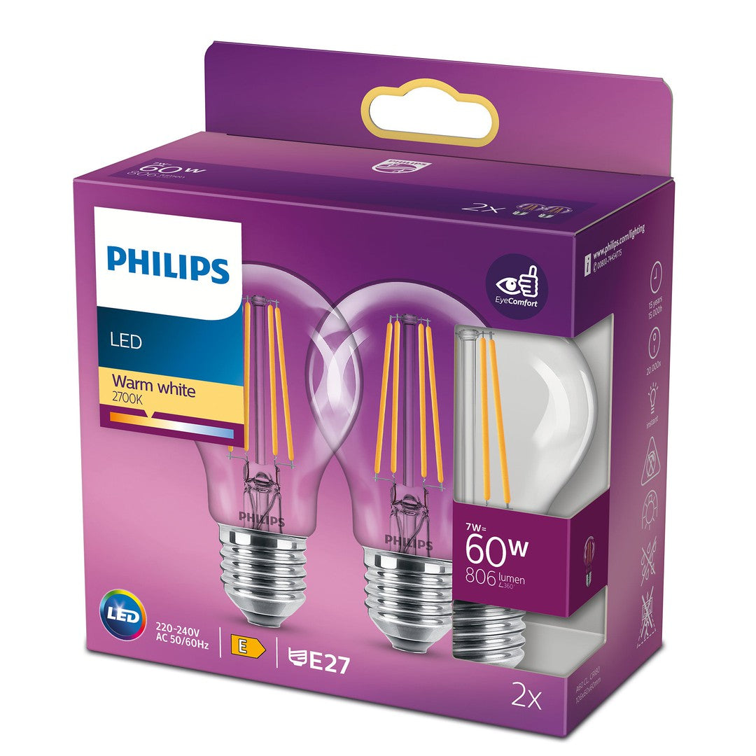 PHILIPS LED klassisk filament pære 60W E27 varm hvid pakke med to pærer klar ikke dæmpbar illustreret i en lilla emballage med produktinformation og energimærkning