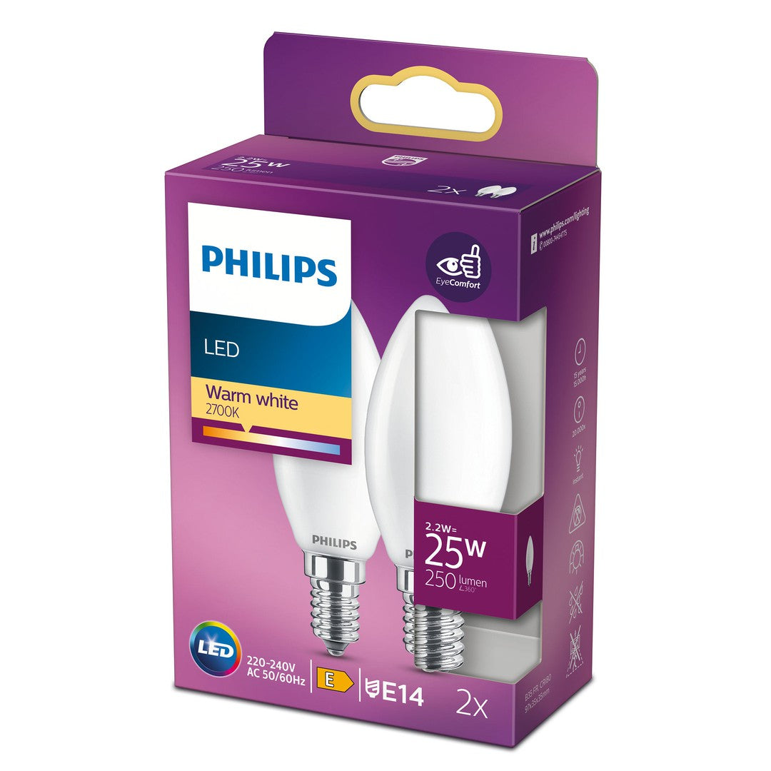 PHILIPS LED Classic Kerte, 25W, E14, varm hvid, mat ikke dæmpbar, 2-pak BOX