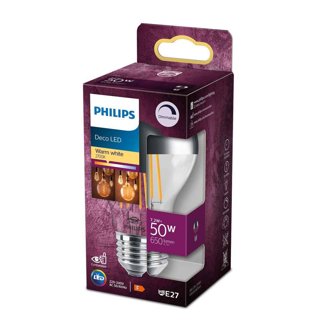 PHILIPS LED filament pære 50W standard E27 klar dæmpbar i emballage med beskrivelse af varm hvid lysfarve 2700K og information om energimærke F samt lumenstyrke på 650 lumen