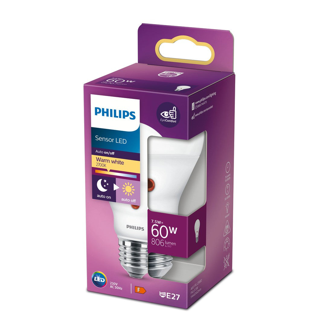 PHILIPS LED sensor lampe 60W standard E27 varm hvid mat ikke dæmpbar præsenteret i emballage med illustrationer af produktfunktioner og specifikationer inkluderer automatisk tænd/sluk og energimærkning