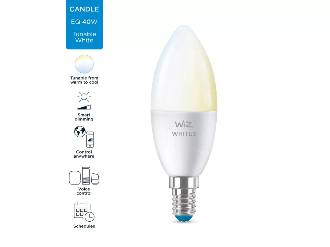 Lysinstallation fra WIZ Kerte 40 W C37 E14 med mulighed for justering af farvetemperatur fra varmt til cool hvidt lys Smart dimming funktion kontrol fra hvor som helst stemmestyring og mulighed for tidsplanlægning af lysindstillinger