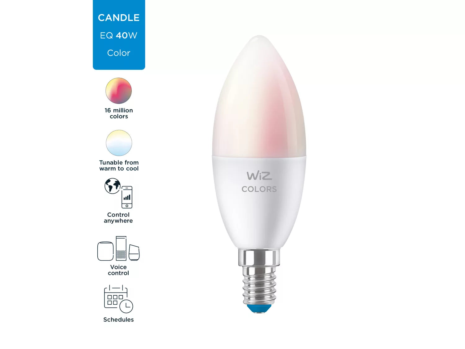 WIZ Kerte 40 W C37 E14 LED pære med 16 millioner farver justerbar fra varm til kold belysning stemmestyret kan styres hvor som helst inkluderer tidsplanlægningsfunktioner ideel til at skabe den rette atmosfære i hjemmet