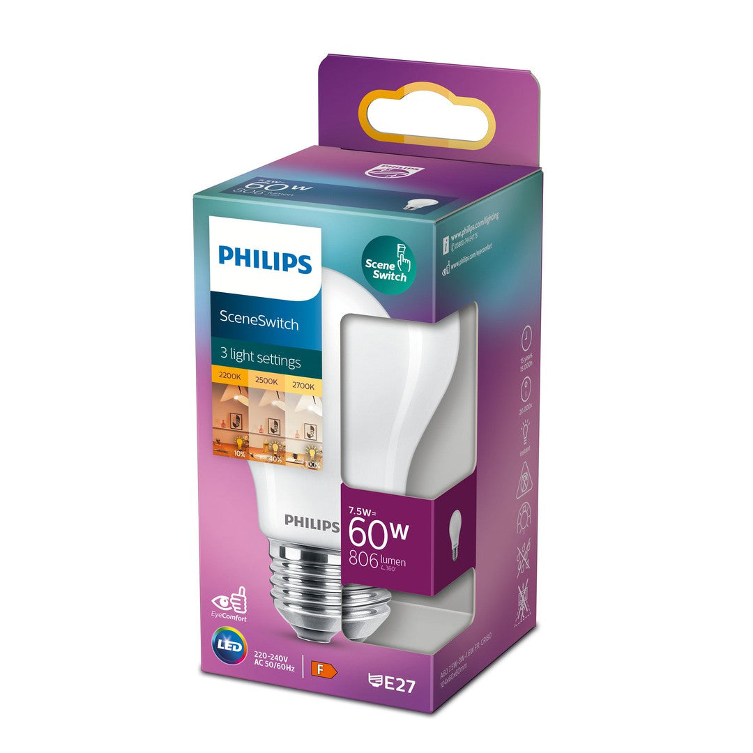 PHILIPS LED 60W SceneSwitch pære i mat hvidt design med E27 fatning og tre lysindstillinger 2200K 2500K 2700K i en pakke