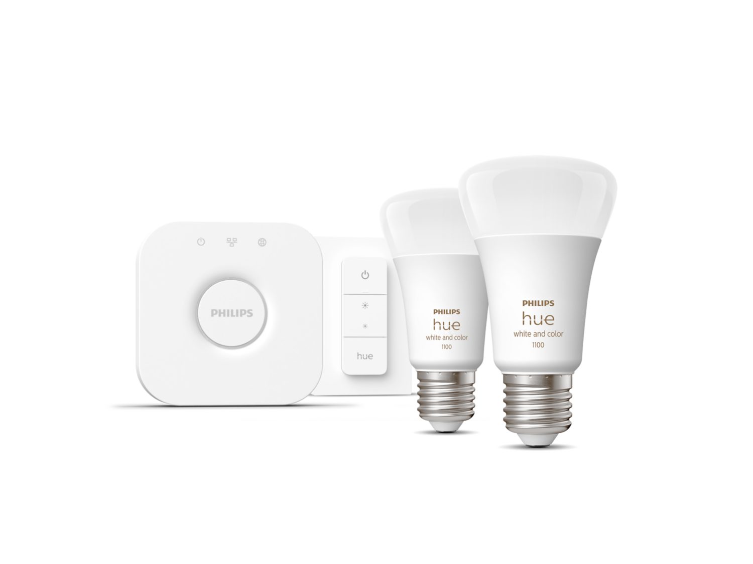 Philips Hue Startsæt med to E27 pærer på 1100 lumen og en dimmer-switch i hvid farve, designet til nem belysningskontrol og farveskift i hjemmet