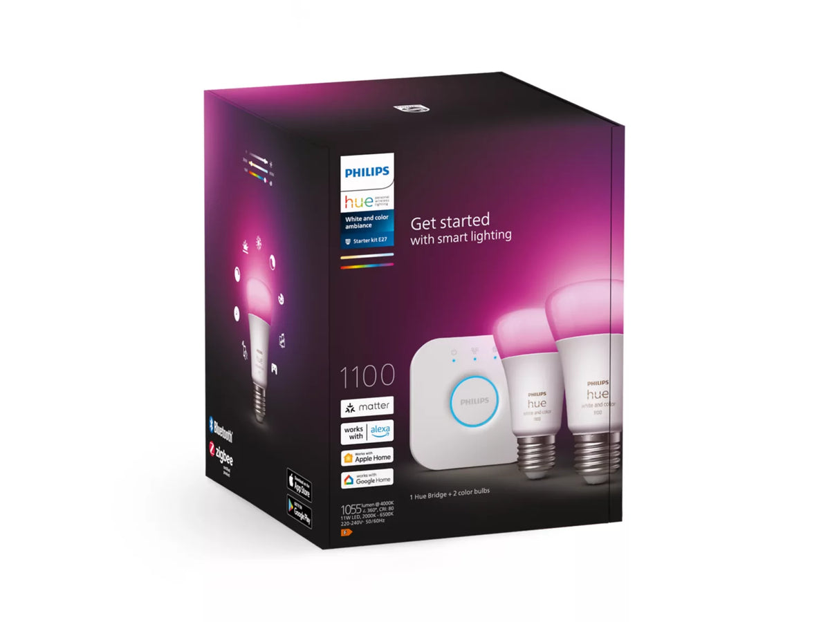 Philips Hue Startsæt med to E27 pærer pakket i kasse med et moderne design samt en Hue Bridge til smart belysning der tilbyder hvid og farvet ambiance med 1100 lumen lysstyrke