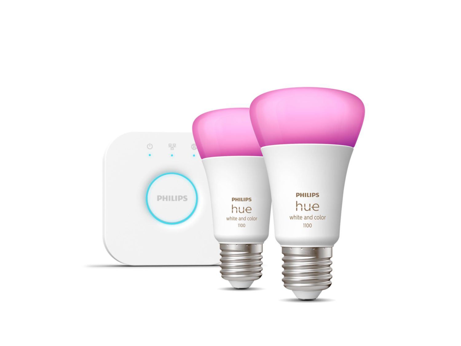 Billede af Philips Hue Startsæt med to E27 pærer der har en lysstyrke på 1100 lumen og en smuk rosa farvetop sammen med en hvid smart hub der har en lysende blå cirkel i midten.