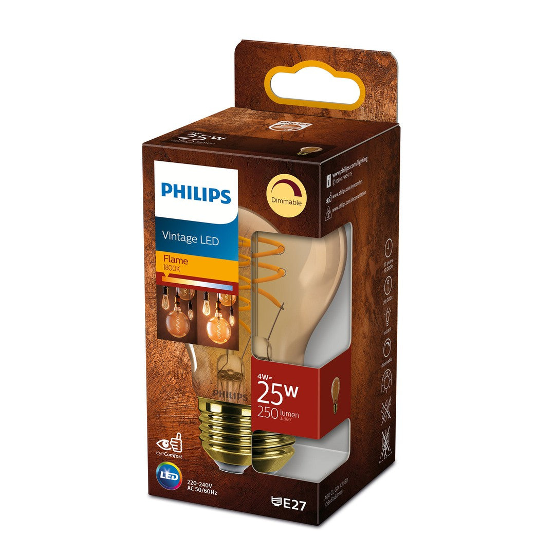 PHILIPS LED klassisk spiral filamentpære 25W med E27 sokkel i guld design der er dæmpbar pakket i en farverig indpakning som viser produktets energiklassifikation og lysstyrke
